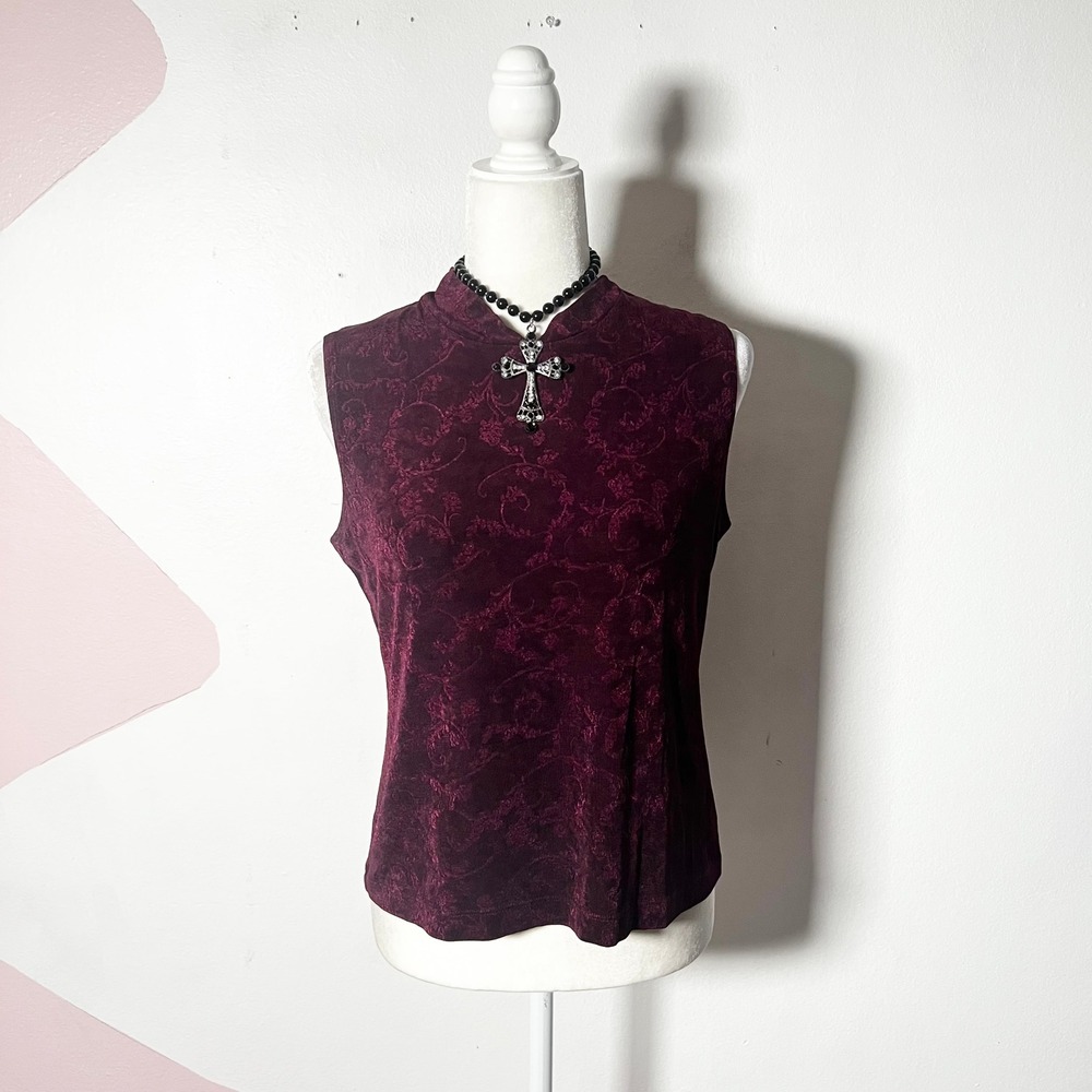 Vtg y2k 2000s Goth Top Medium Burgundy Floral Burnout Whimsigoth Vamp